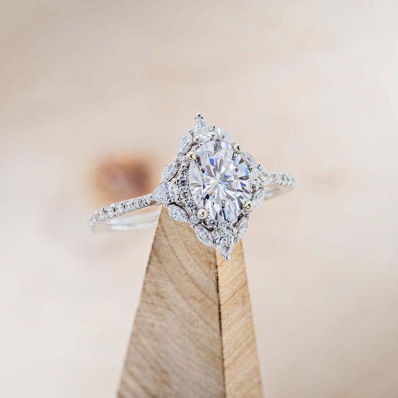 North Star - Brilliant Cut Oval Moissanite Engagement Ring with Diamond Accents & Tracer 14K Rose Gold w/ Tracer