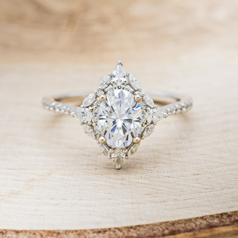 North Star - Brilliant Cut Moissanite Engagement Ring with Diamond Halo - Ready to Ship 14K Rose Gold