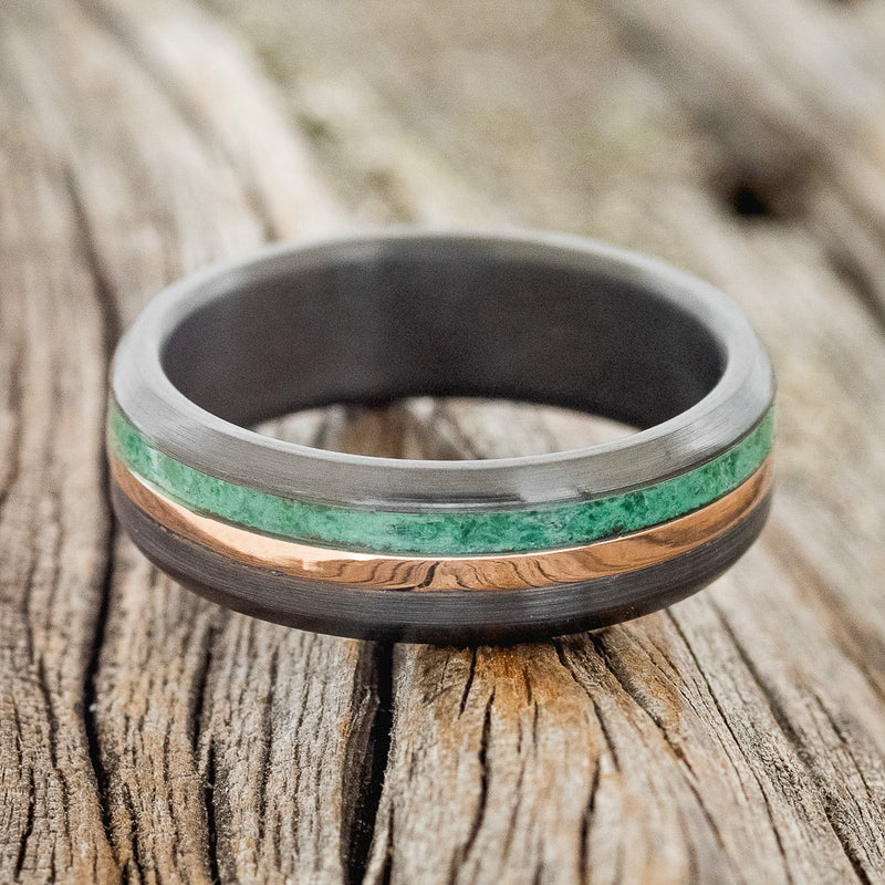 "TANNER" - MALACHITE & 14K GOLD INLAY WEDDING RING FEATURING A BRUSHED BLACK ZIRCONIUM BAND-3