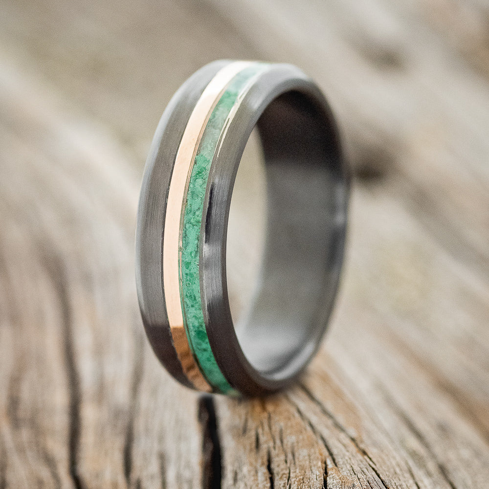 "TANNER" - MATCHING SET OF MALACHITE & 14K GOLD WEDDING RINGS FEATURING A BRUSHED BLACK ZIRCONIUM BAND-3