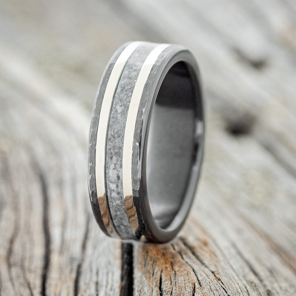 "HOLLIS" - MATCHING SET OF MOONSTONE & 14K GOLD INLAYS WEDDING RINGS-3