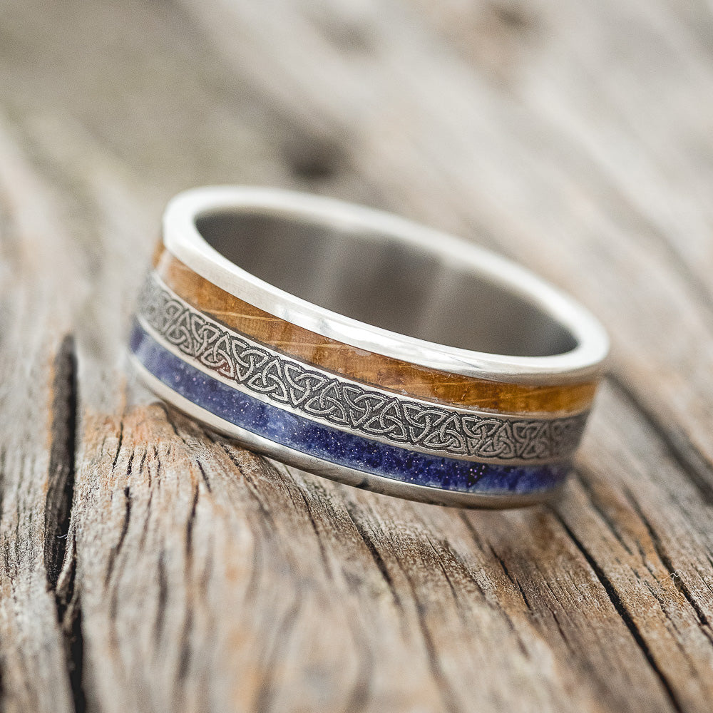 "RYDER" - CELTIC TRIQUETRA KNOT ENGRAVED, WHISKEY BARREL OAK & BLUE GOLDSTONE WEDDING RING-2