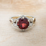 "LUCY IN THE SKY" - ROUND CUT GARNET ENGAGEMENT RING WITH DIAMOND ACCENTS & RED OPAL INLAYS