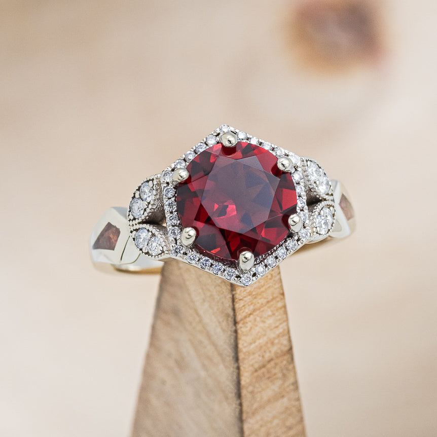 "LUCY IN THE SKY" - ROUND CUT GARNET ENGAGEMENT RING WITH DIAMOND ACCENTS, RED OPAL INLAYS WITH TRACER-13