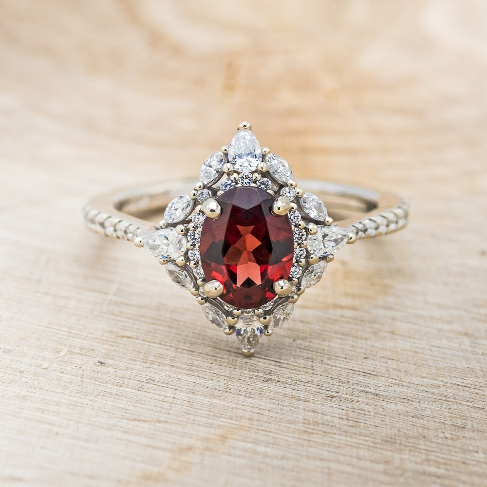 "NORTH STAR" - OVAL GARNET ENGAGEMENT RING WITH DIAMOND HALO - EXPEDITED-10