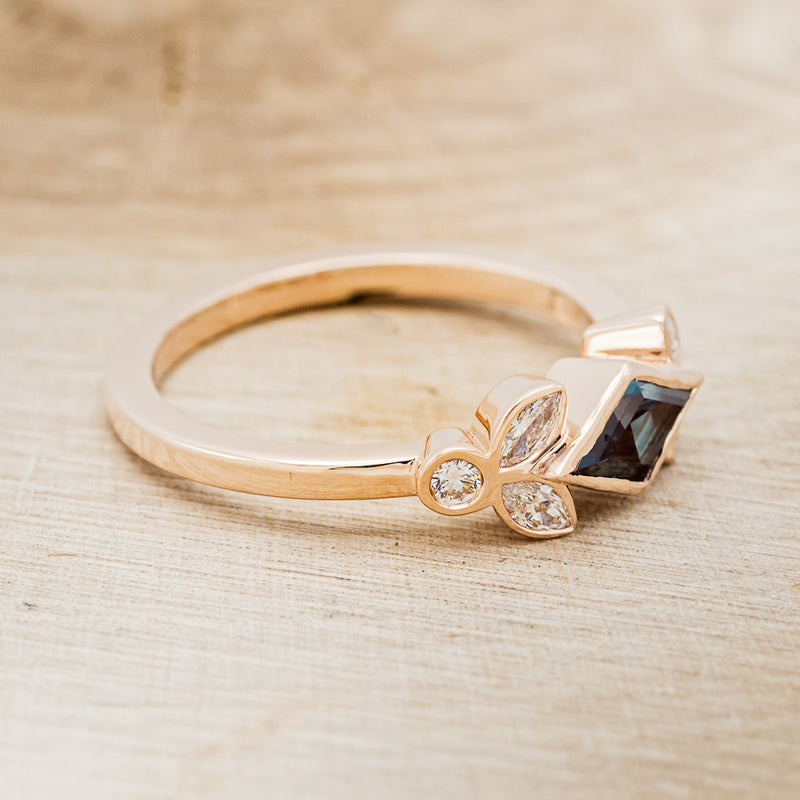 "ROWEN" - LOZENGE CUT LAB-GROWN ALEXANDRITE ENGAGEMENT RING WITH DIAMOND ACCENTS - 14K ROSE GOLD - SIZE 5 3/4