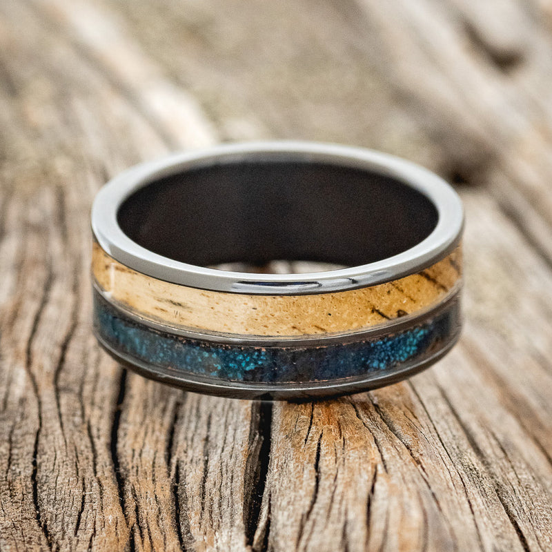 "DYAD" - SPALTED MAPLE WOOD & PATINA COPPER WEDDING BAND - READY TO SHIP