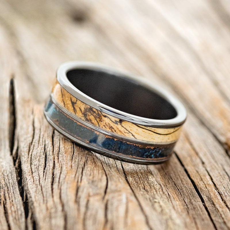 "DYAD" - SPALTED MAPLE WOOD & PATINA COPPER WEDDING BAND-2