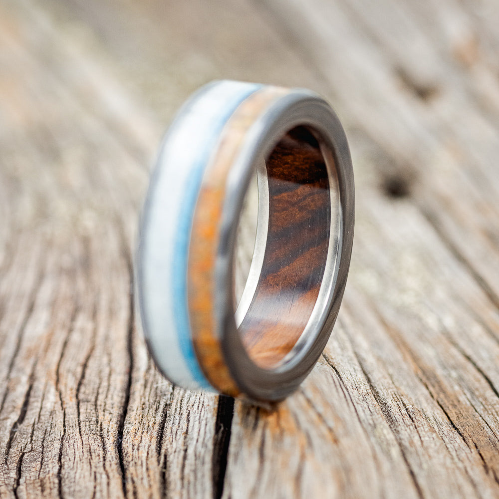 "ELEMENT" - ORANGE OPAL, ANTLER & TURQUOISE WEDDING RING FEATURING AN IRONWOOD LINED BAND-2