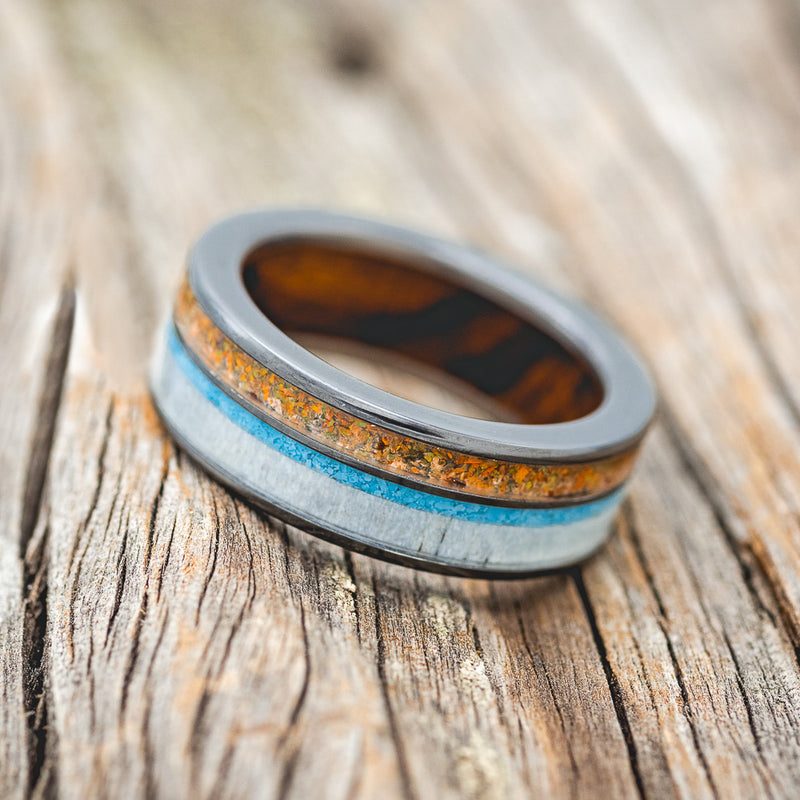 "ELEMENT" - ORANGE OPAL, ANTLER & TURQUOISE WEDDING RING FEATURING AN IRONWOOD LINED BAND