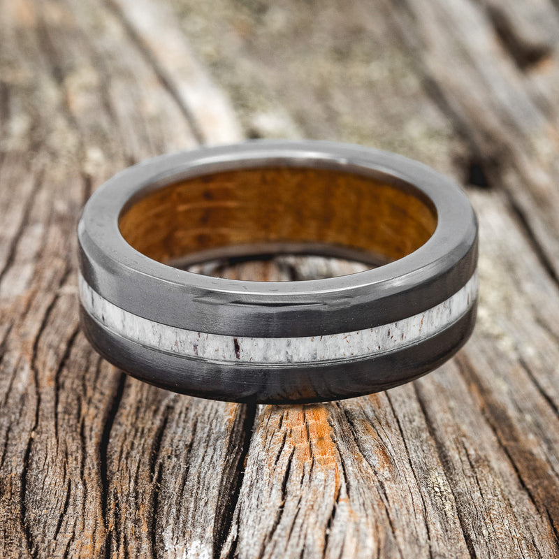 "NIRVANA" - ANTLER WEDDING BAND FEATURING A WHISKEY BARREL LINING - READY TO SHIP