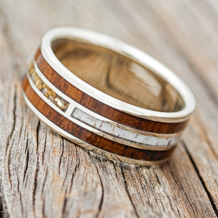 "AMBROSE" - KOA WOOD, ANTLER & GOLD NUGGETS WEDDING BAND-2