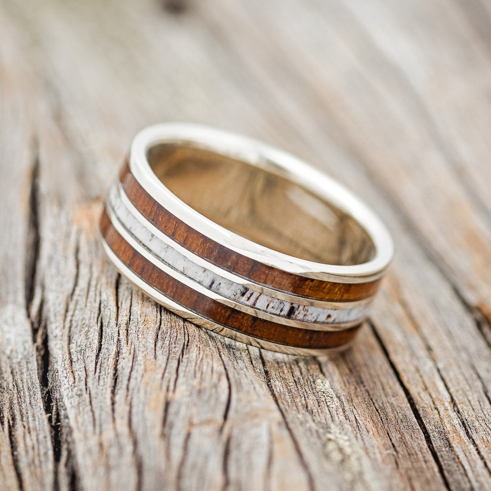 "AMBROSE" - KOA WOOD, ANTLER & GOLD NUGGETS WEDDING BAND-4