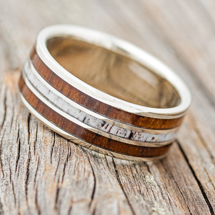 "AMBROSE" - KOA WOOD, ANTLER & GOLD NUGGETS WEDDING BAND-4