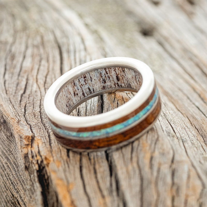 "DYAD" - KOA WOOD & BLUE OPAL WEDDING RING FEATURING AN ANTLER LINED BAND-5