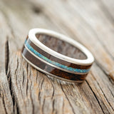 "DYAD" - KOA WOOD & BLUE OPAL WEDDING RING FEATURING AN ANTLER LINED BAND-3