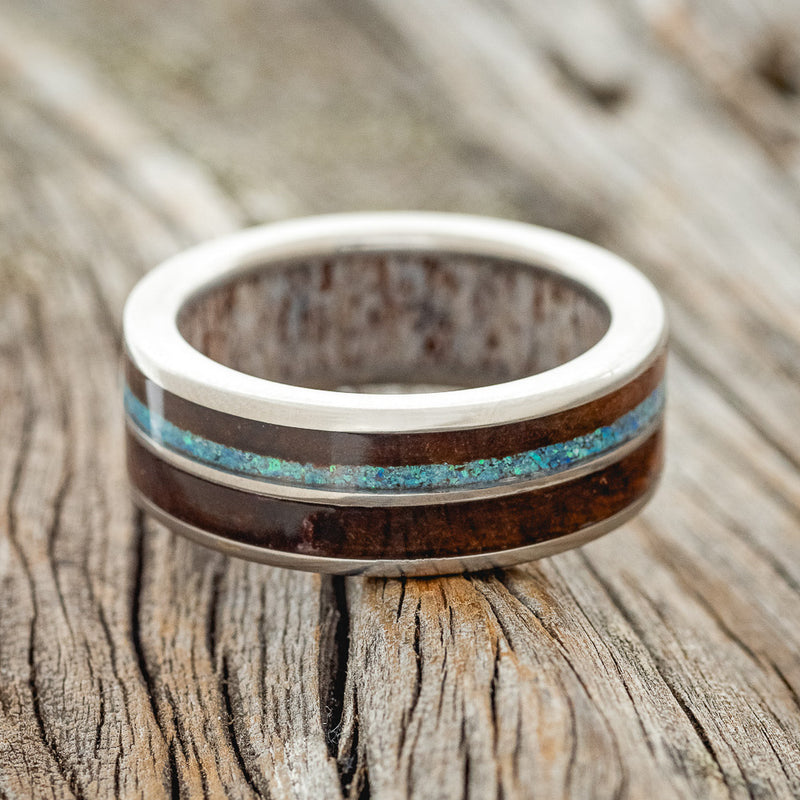 "DYAD" - KOA WOOD & BLUE OPAL WEDDING RING FEATURING AN ANTLER LINED BAND-6