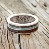 "DYAD" - KOA WOOD & BLUE OPAL WEDDING RING FEATURING AN ANTLER LINED BAND-7