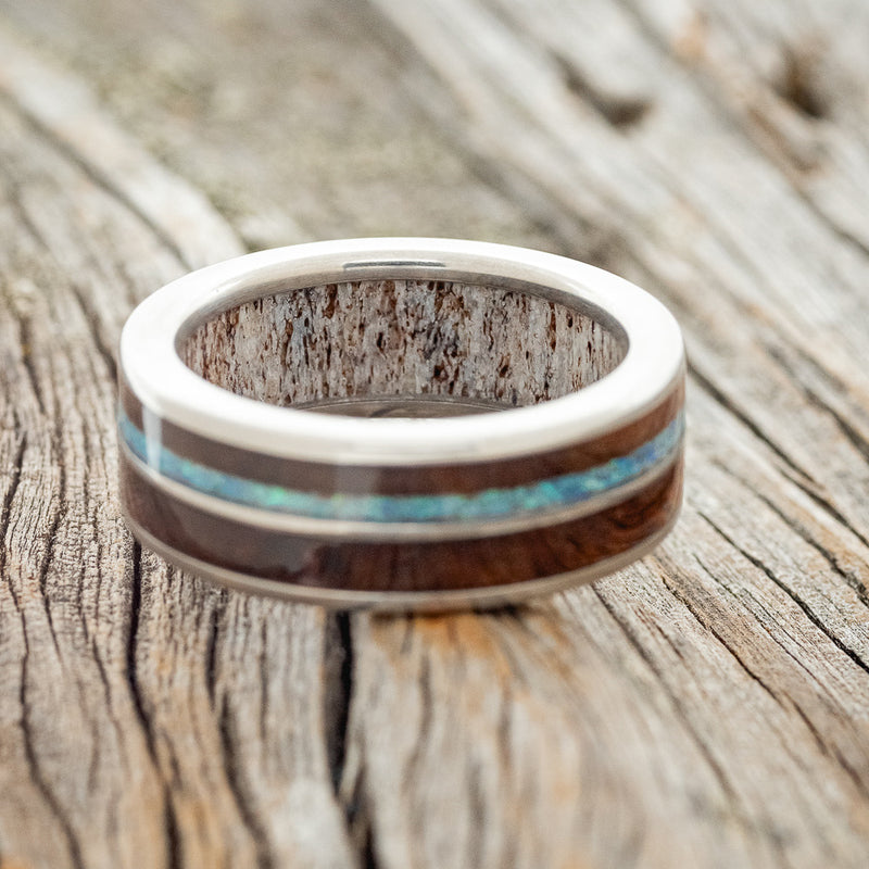 "DYAD" - KOA WOOD & BLUE OPAL WEDDING RING FEATURING AN ANTLER LINED BAND - READY TO SHIP-7