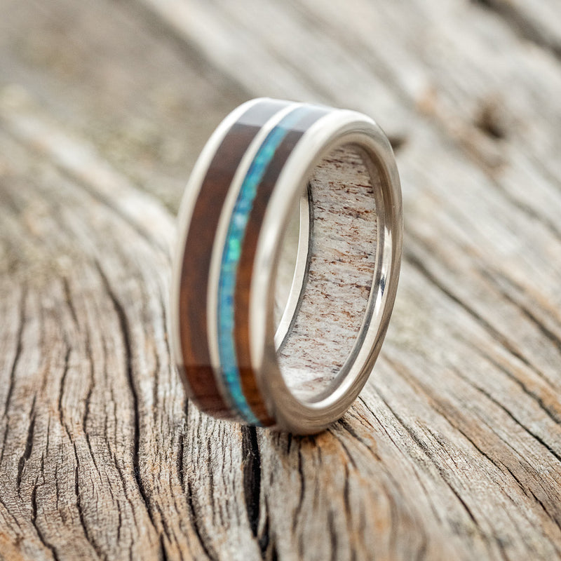 "DYAD" - KOA WOOD & BLUE OPAL WEDDING RING FEATURING AN ANTLER LINED BAND - READY TO SHIP-2