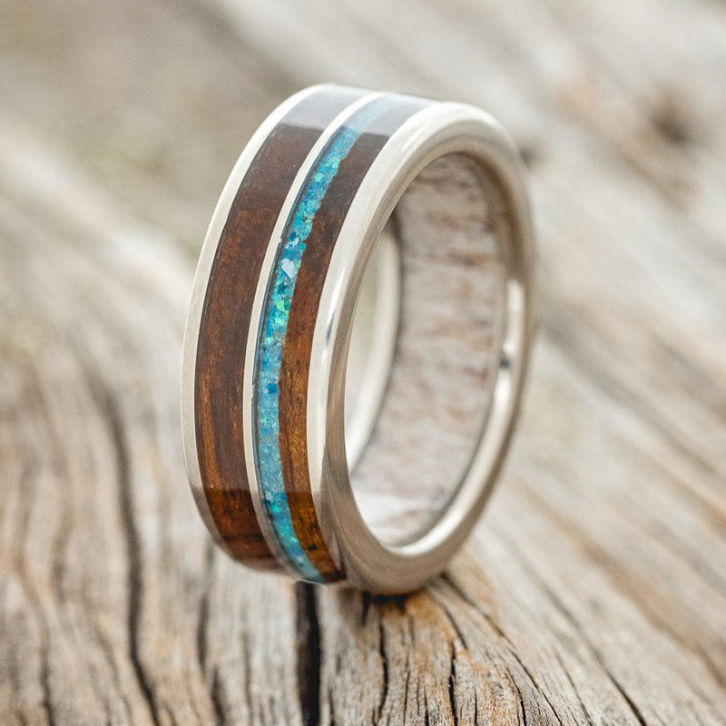 "DYAD" - KOA WOOD & BLUE OPAL WEDDING RING FEATURING AN ANTLER LINED BAND-1