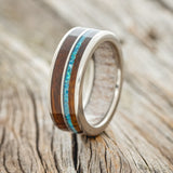 "DYAD" - KOA WOOD & BLUE OPAL WEDDING RING FEATURING AN ANTLER LINED BAND - READY TO SHIP-1