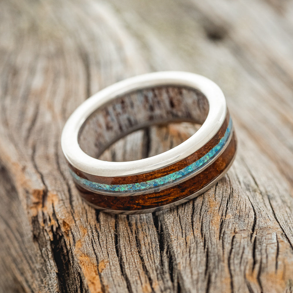 "DYAD" - KOA WOOD & BLUE OPAL WEDDING RING FEATURING AN ANTLER LINED BAND-4