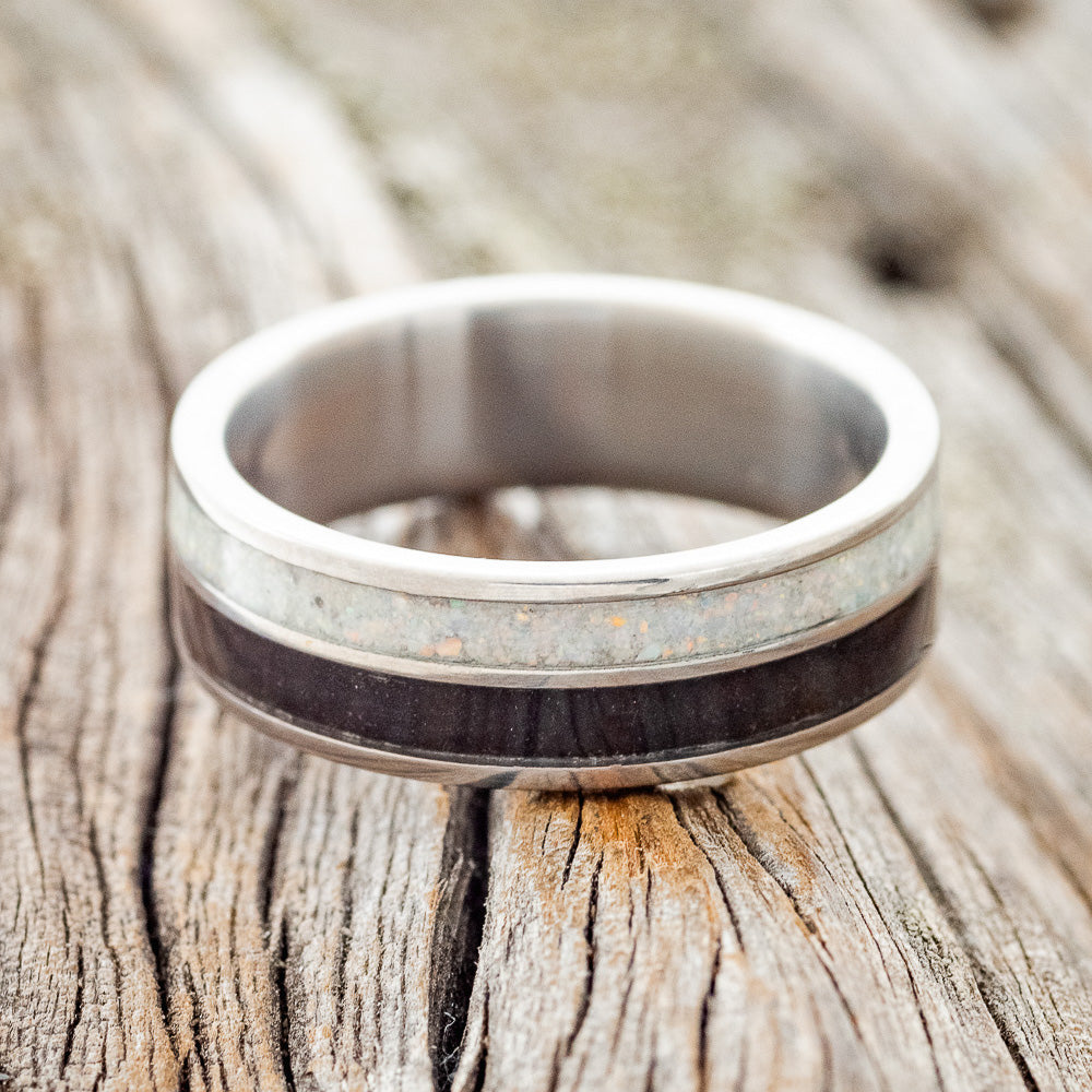 "DYAD" - FIRE AND ICE OPAL & JET STONE WEDDING BAND - READY TO SHIP-3