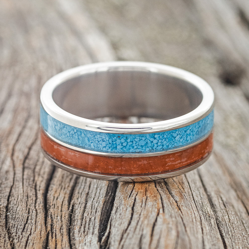 "DYAD" - MATCHING SET OF RED JASPER & TURQUOISE WEDDING BANDS-4