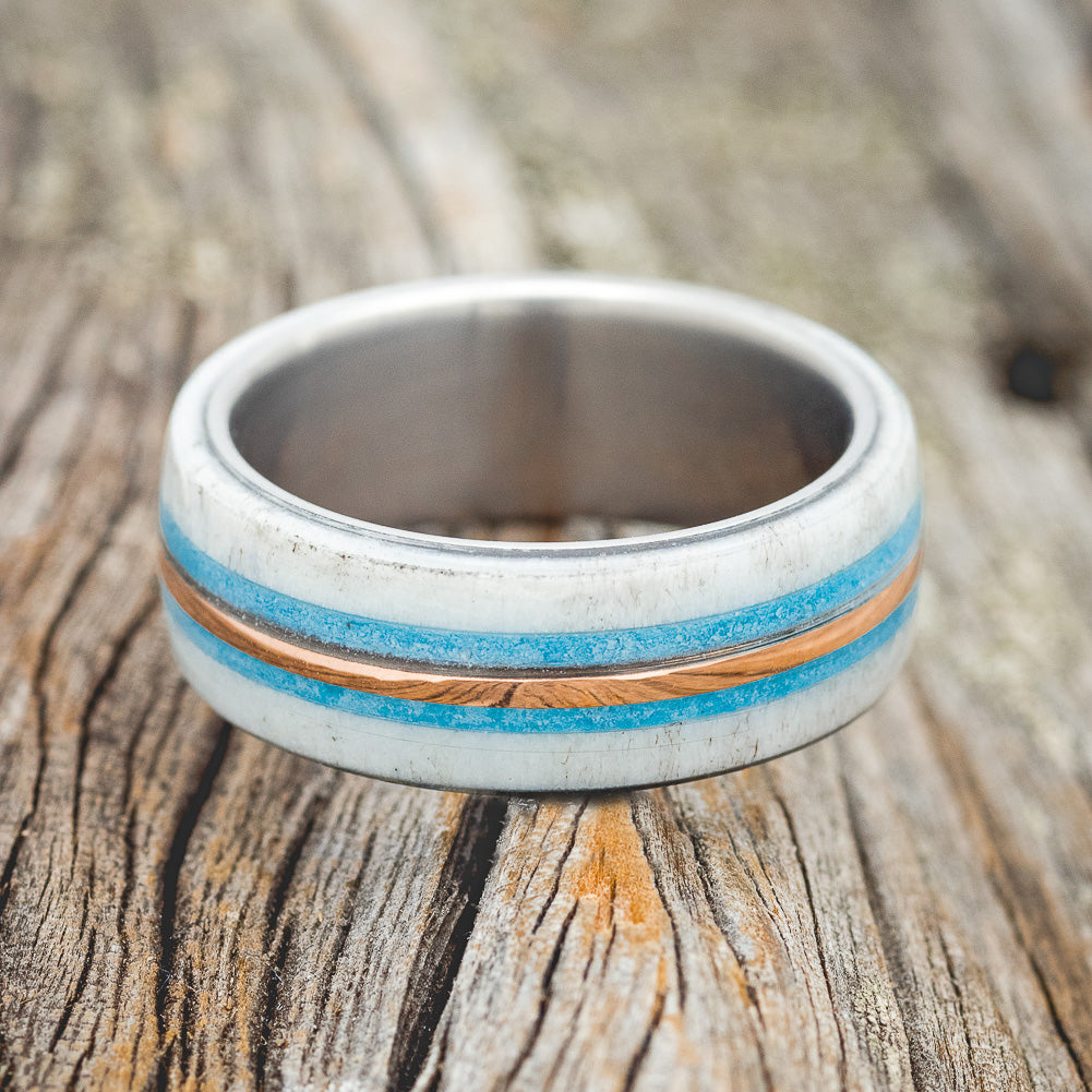 "CANYON" - ANTLER, TURQUOISE & 14K GOLD INLAY WEDDING RING-3