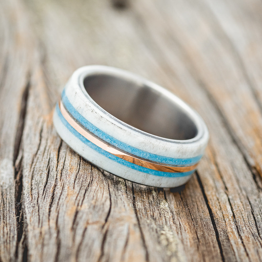 "CANYON" - ANTLER, TURQUOISE & 14K GOLD INLAY WEDDING RING-2
