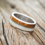 "RAINIER" - FIRE AND ICE OPAL, GUITAR STRING & REDWOOD WEDDING BAND-2