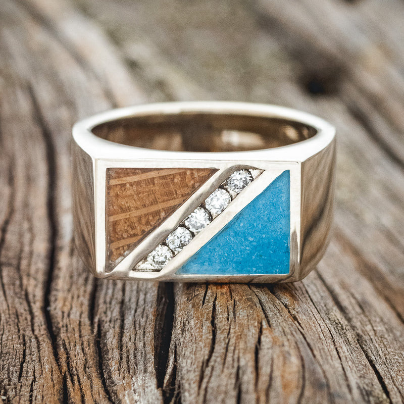 "ALDEN" - WHISKEY BARREL OAK, TURQUOISE & DIAMONDS WEDDING BAND-3