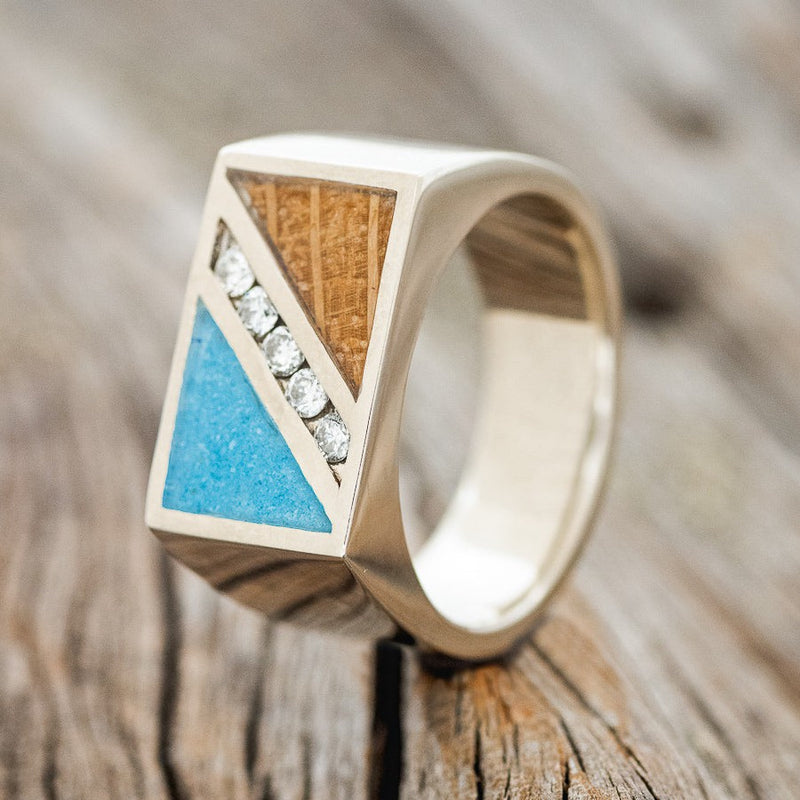 "ALDEN" - WHISKEY BARREL OAK, TURQUOISE & DIAMONDS WEDDING BAND-1