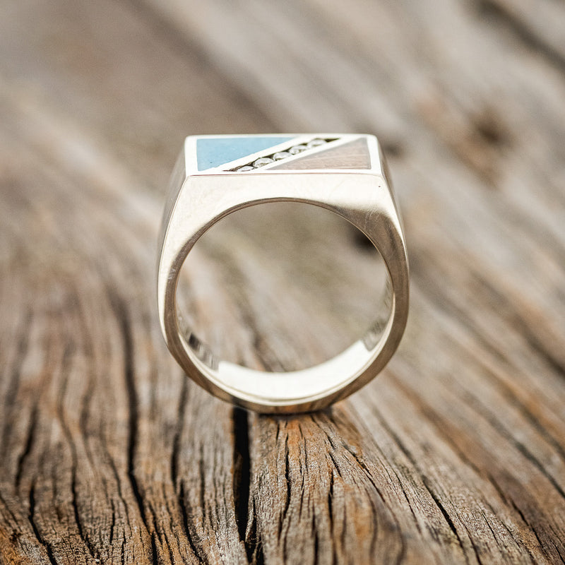 "ALDEN" - WHISKEY BARREL OAK, TURQUOISE & DIAMONDS WEDDING BAND-4