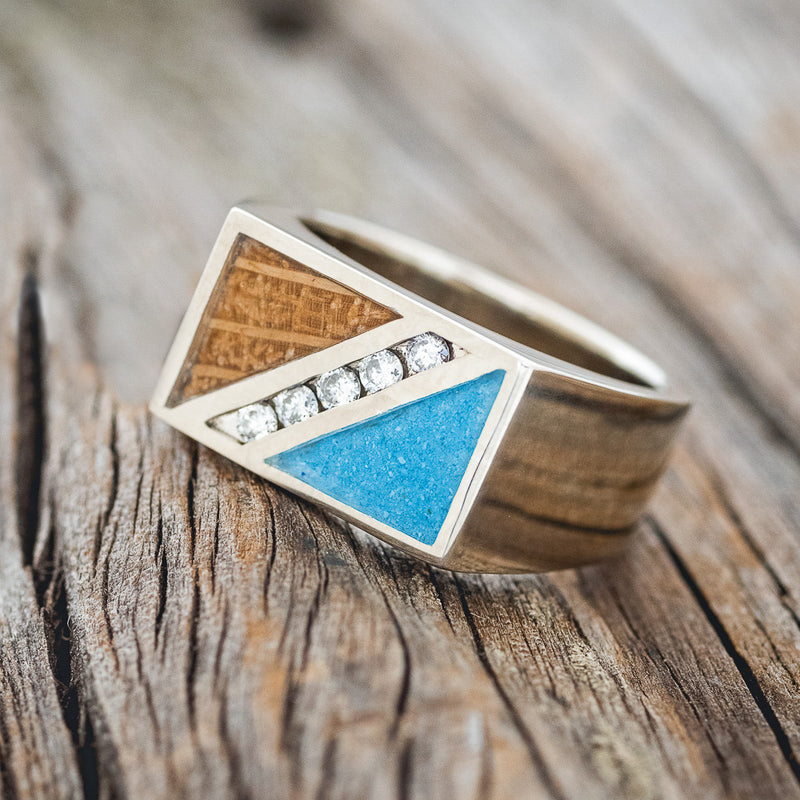 "ALDEN" - WHISKEY BARREL OAK, TURQUOISE & DIAMONDS WEDDING BAND-2