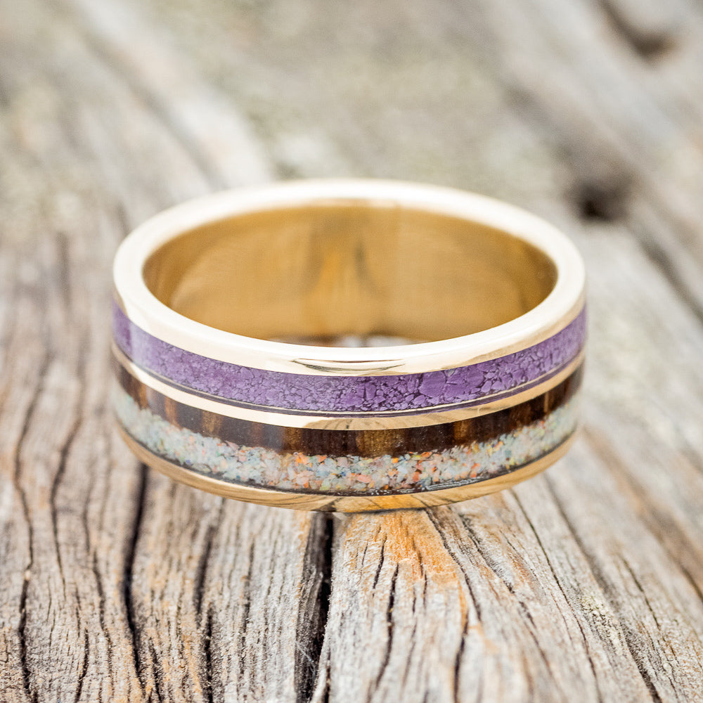 "ELEMENT" - SUGILITE, ZEBRA WOOD & FIRE AND ICE OPAL WEDDING RING FEATURING A 14K GOLD BAND-3