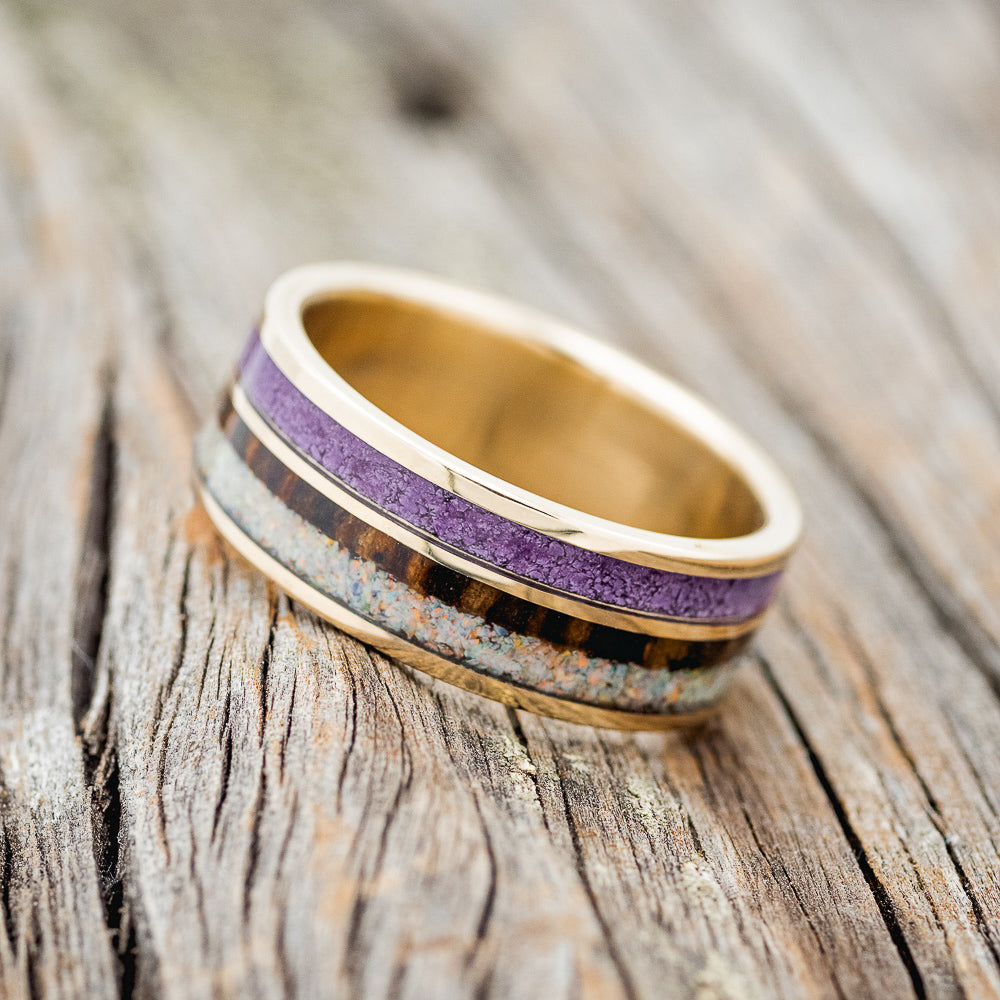 "ELEMENT" - SUGILITE, ZEBRA WOOD & FIRE AND ICE OPAL WEDDING RING FEATURING A 14K GOLD BAND-2