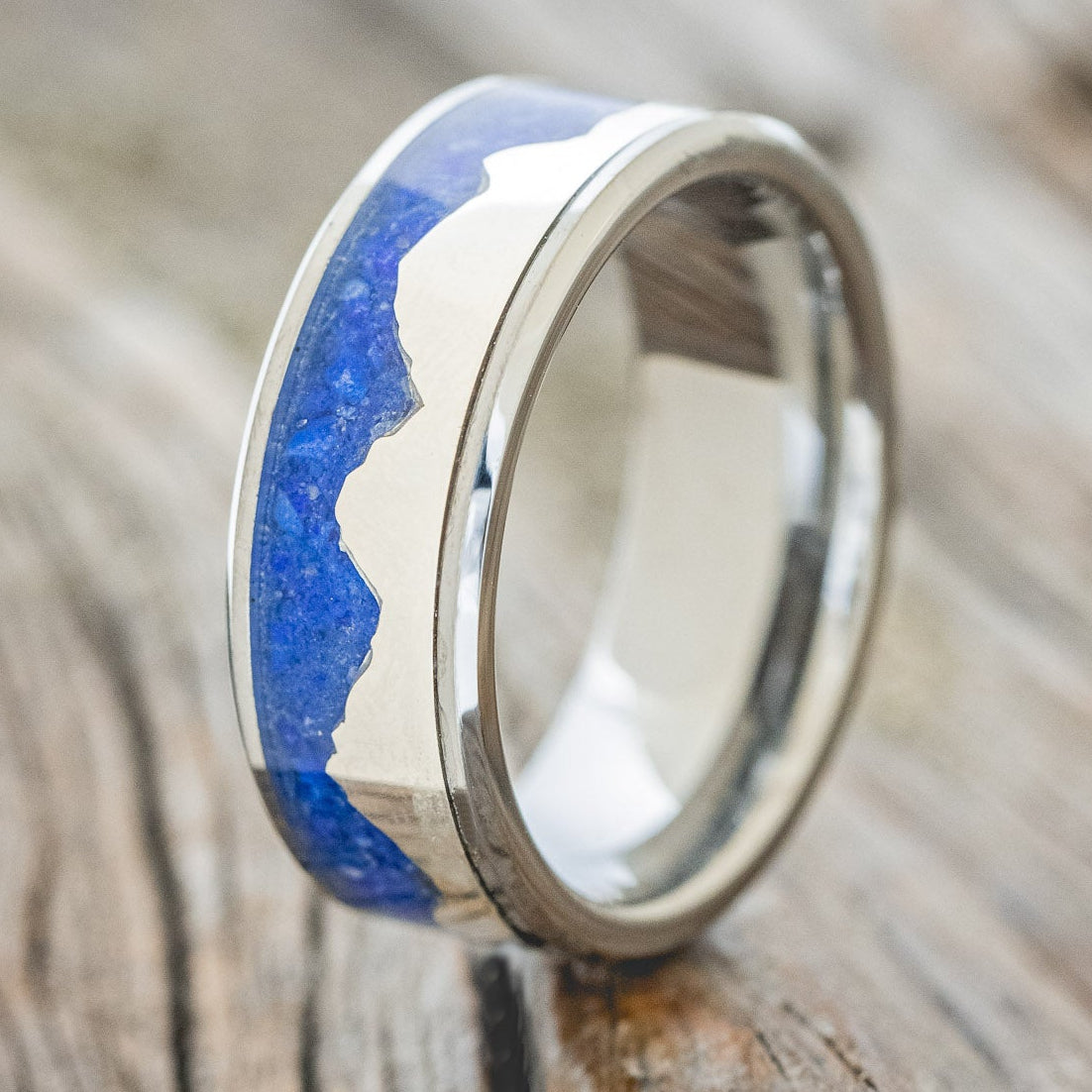 "HELIOS" - LAPIS LAZULI WITH SILVER MOUNTAIN RANGE WEDDING BAND-4