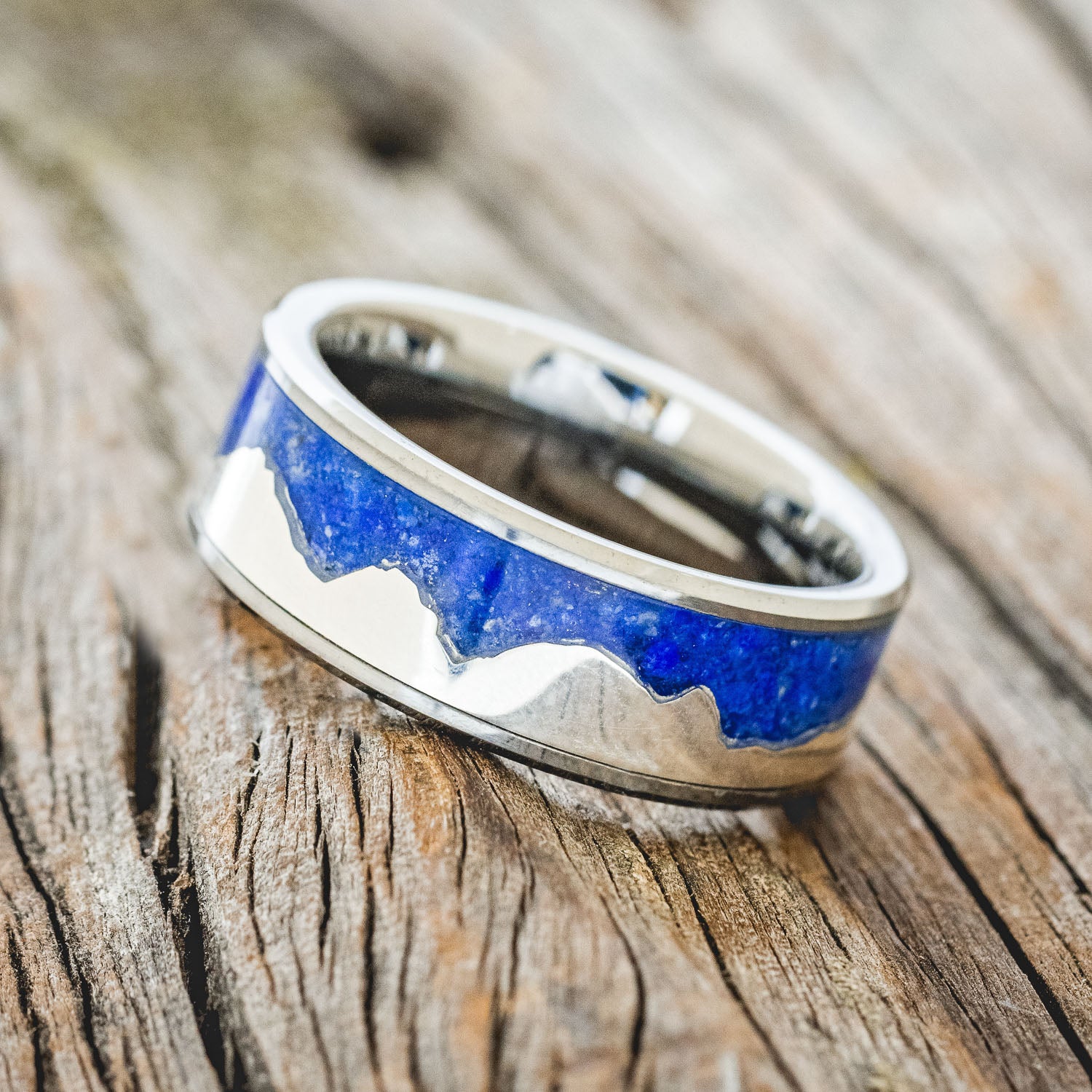 "HELIOS" - LAPIS LAZULI WITH SILVER MOUNTAIN RANGE WEDDING BAND-5