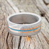 "ASHER" - TURQUOISE & 14K GOLD INLAYS WEDDING RING FEATURING A DAMASCUS STEEL BAND