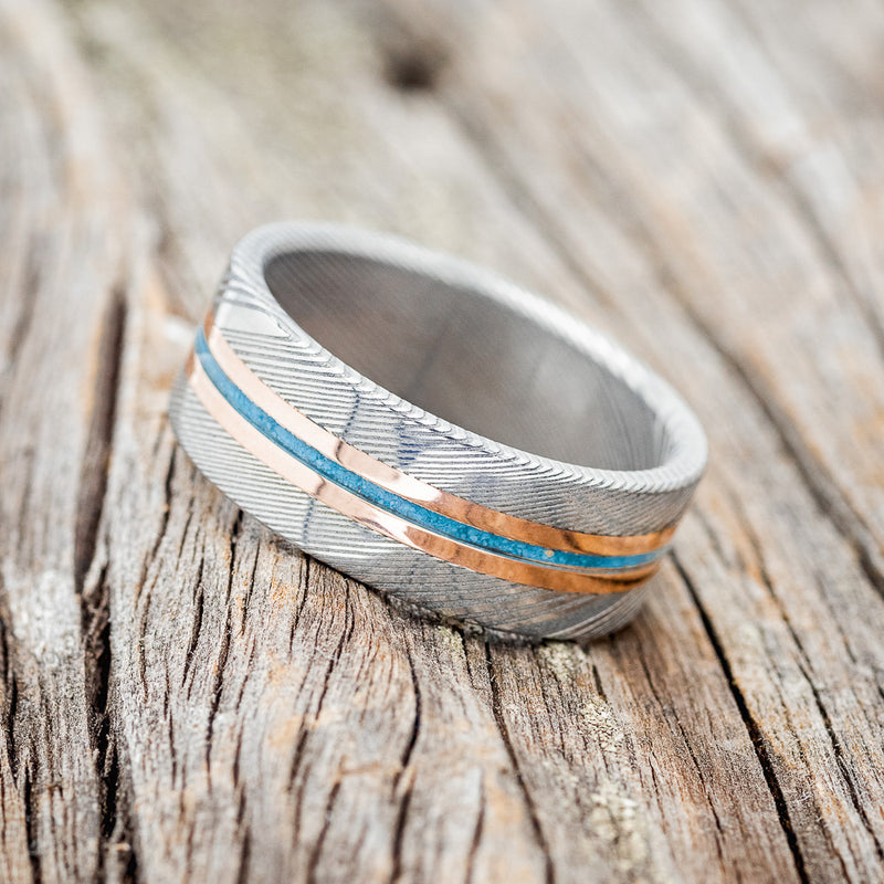 "ASHER" - TURQUOISE & 14K GOLD INLAYS WEDDING RING FEATURING A DAMASCUS STEEL BAND