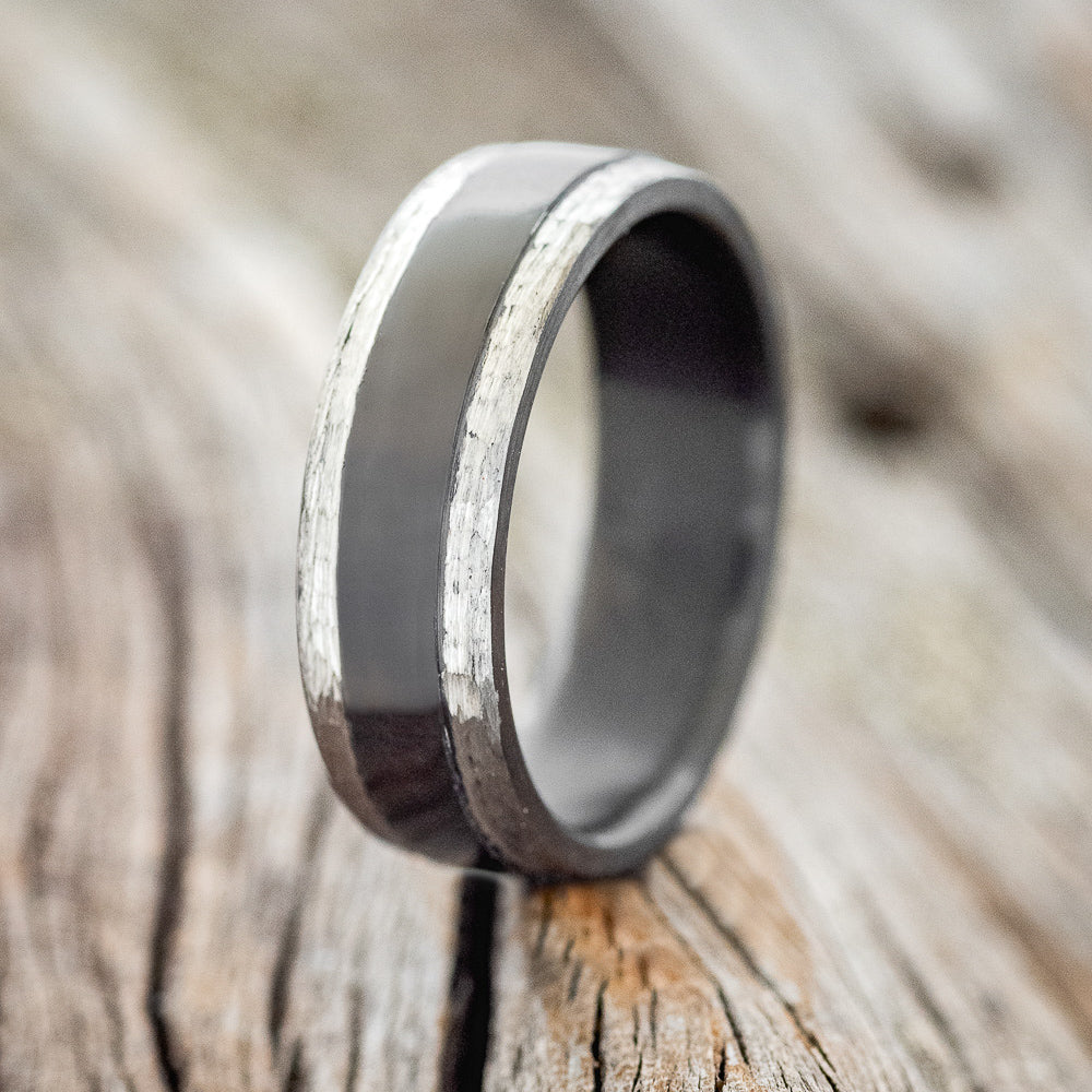 "SEDONA" - MATCHING SET OF BLACK ZIRCONIUM WEDDING RINGS WITH A HAMMERED FINISH-3