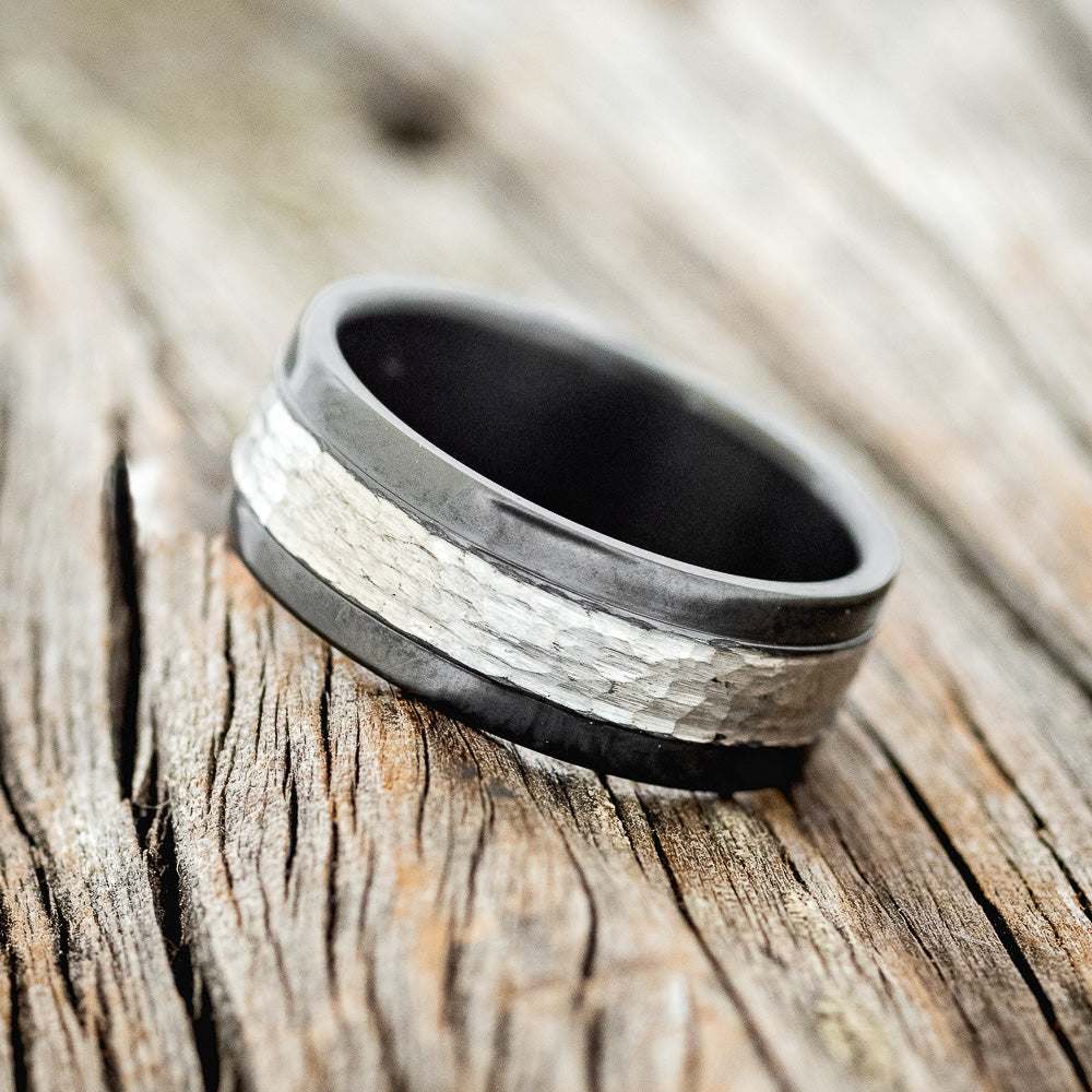 "SEDONA" - MATCHING SET OF BLACK ZIRCONIUM WEDDING RINGS WITH A HAMMERED FINISH-4