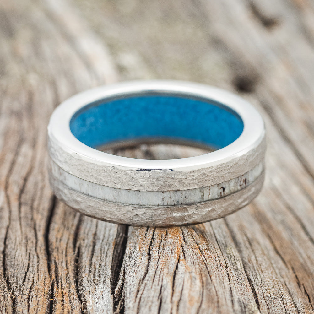 "VERTIGO" - ANTLER WEDDING RING FEATURING A HAMMERED & TURQUOISE LINED BAND - READY TO SHIP-5
