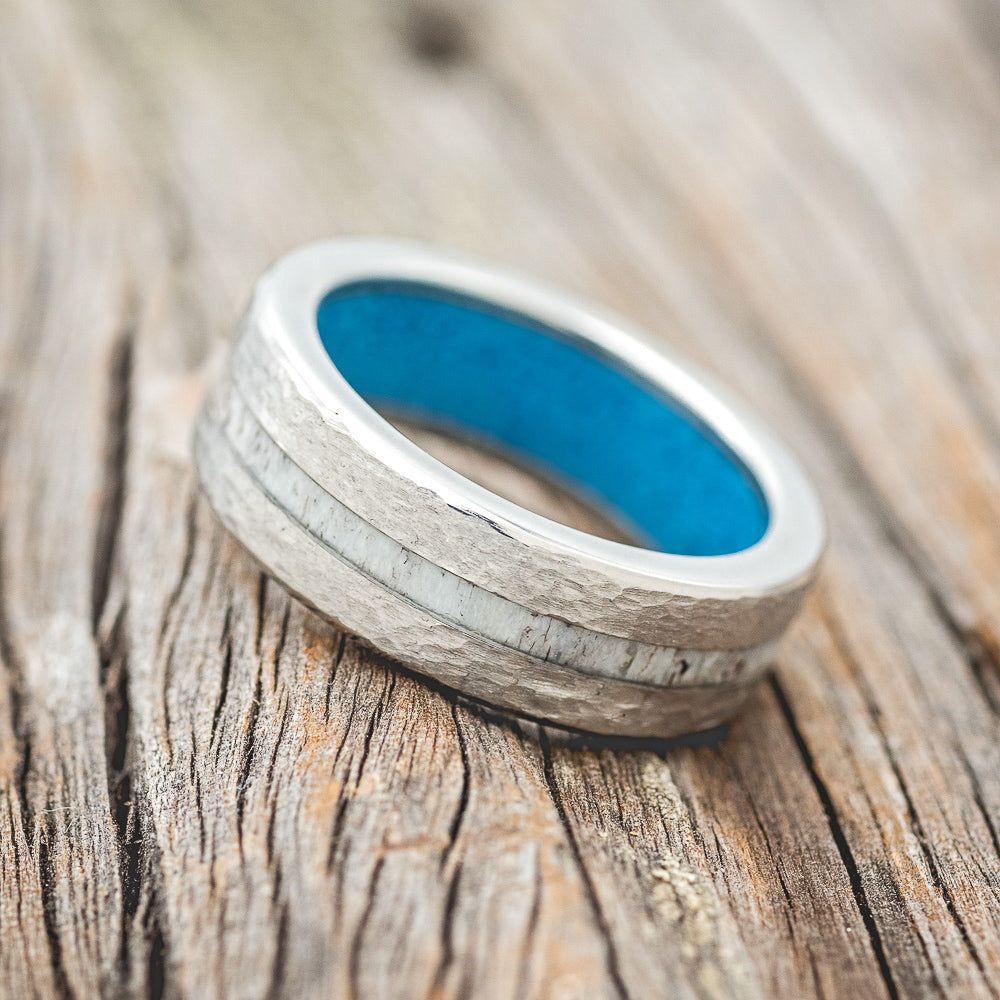 "VERTIGO" - ANTLER WEDDING RING FEATURING A HAMMERED & TURQUOISE LINED BAND - READY TO SHIP-3