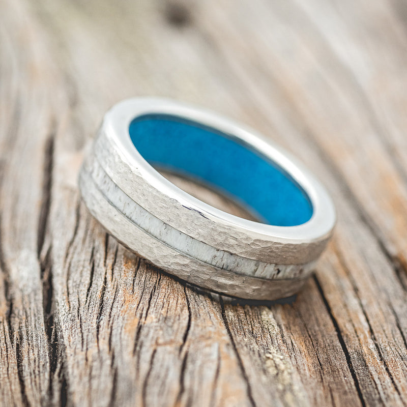 "VERTIGO" - ANTLER WEDDING RING FEATURING A HAMMERED & TURQUOISE LINED BAND - READY TO SHIP