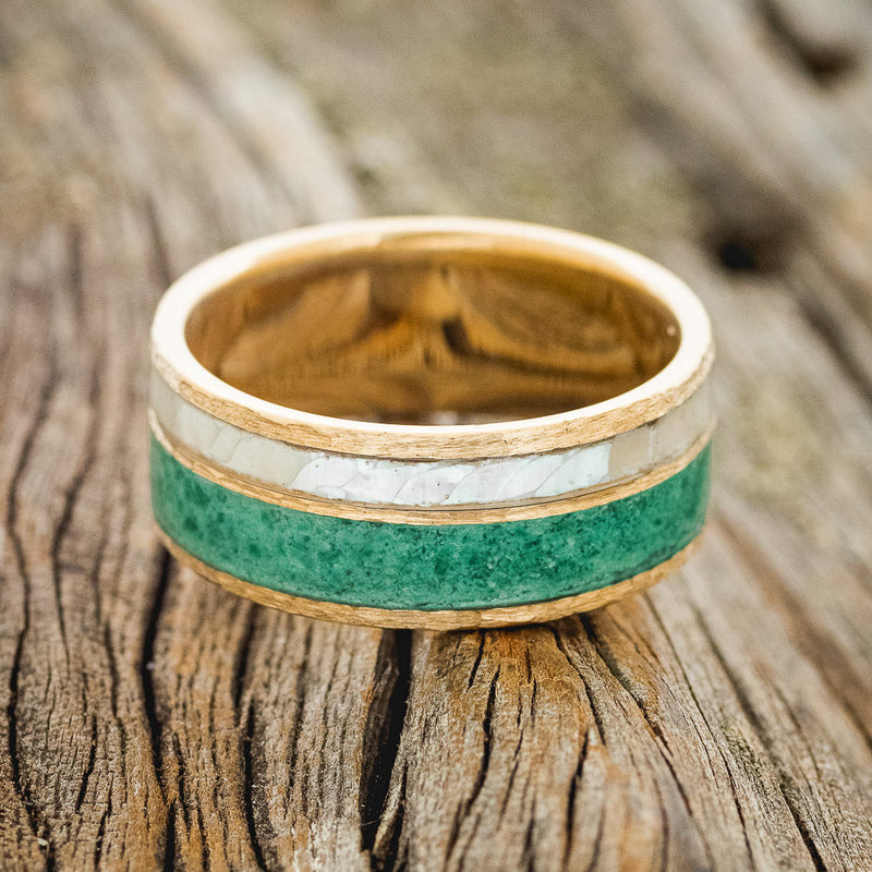 "RAPTOR" - MOTHER OF PEARL & MALACHITE WEDDING RING FEATURING A HAMMERED 14K GOLD BAND-3