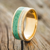 "RAPTOR" - MOTHER OF PEARL & MALACHITE WEDDING RING FEATURING A HAMMERED 14K GOLD BAND-1