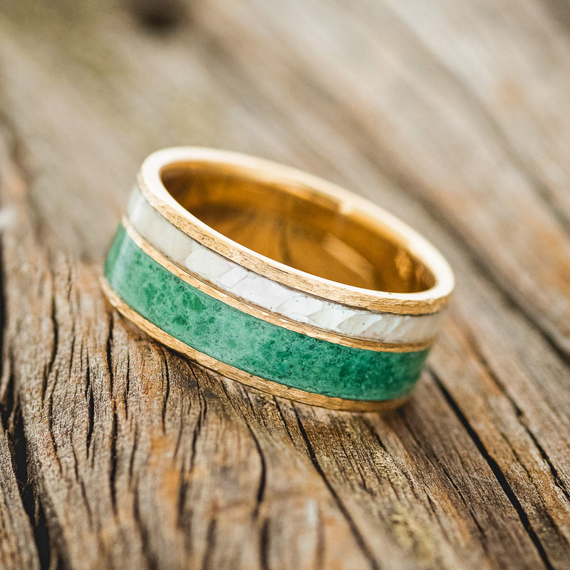 "RAPTOR" - MOTHER OF PEARL & MALACHITE WEDDING RING FEATURING A HAMMERED 14K GOLD BAND-2